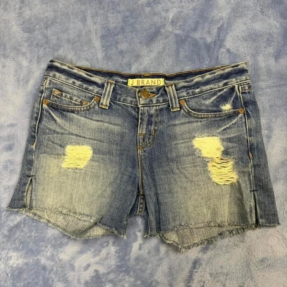 J Brand blue denim shorts with‎ yellow distressing women size 24
